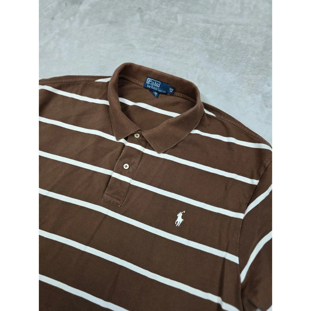 Polo Ralph Lauren Polo Shirt Mens 2XB Big Tall Brown White Striped‎ Work Chore